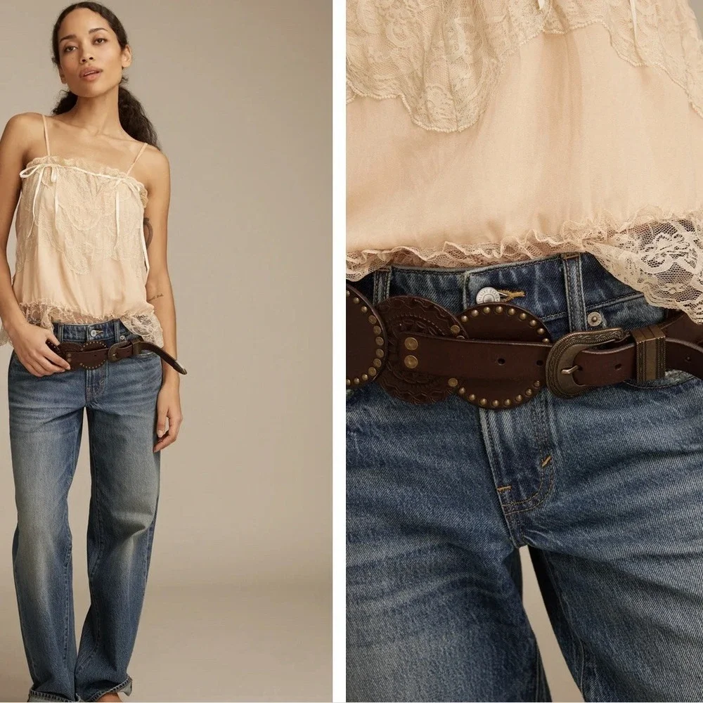 Lucky‎ Brand Women's Size Small Studded Genuine Leather Brown Festival Belt NWT